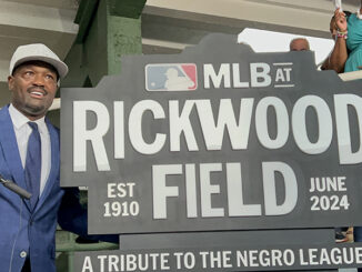 Harold Reynolds (left) and Birmingham Mayor Randall Woodfin (right) at the new naming of the 'MLB at Rickwood Field: A Tribute to the Negro League’