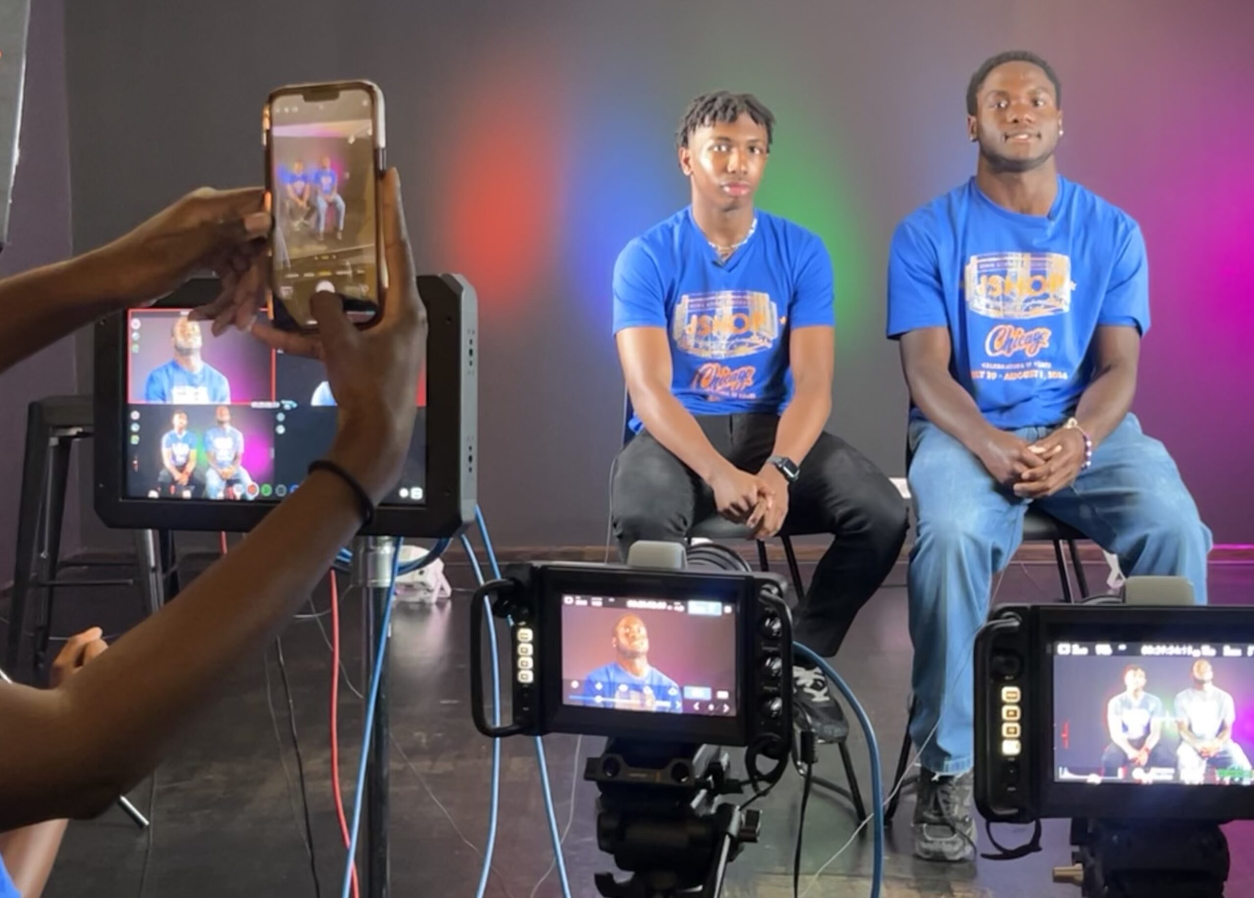 JSHOP reporters Dion Harding (left) and Ryan Wambo sit down for a Two-Minute Talk at True Star Media in Chicago. JSHOP Staff