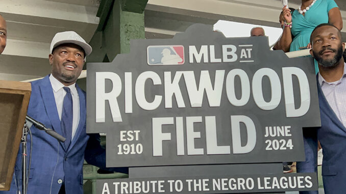 Harold Reynolds (left) and Birmingham Mayor Randall Woodfin (right) at the new naming of the 'MLB at Rickwood Field: A Tribute to the Negro League’