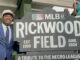 Harold Reynolds (left) and Birmingham Mayor Randall Woodfin (right) at the new naming of the 'MLB at Rickwood Field: A Tribute to the Negro League’